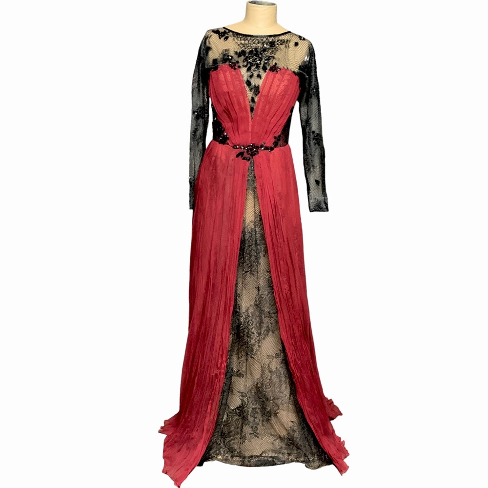 Tadashi Shoji Red and Black Lace-Overlay Maxi Gown